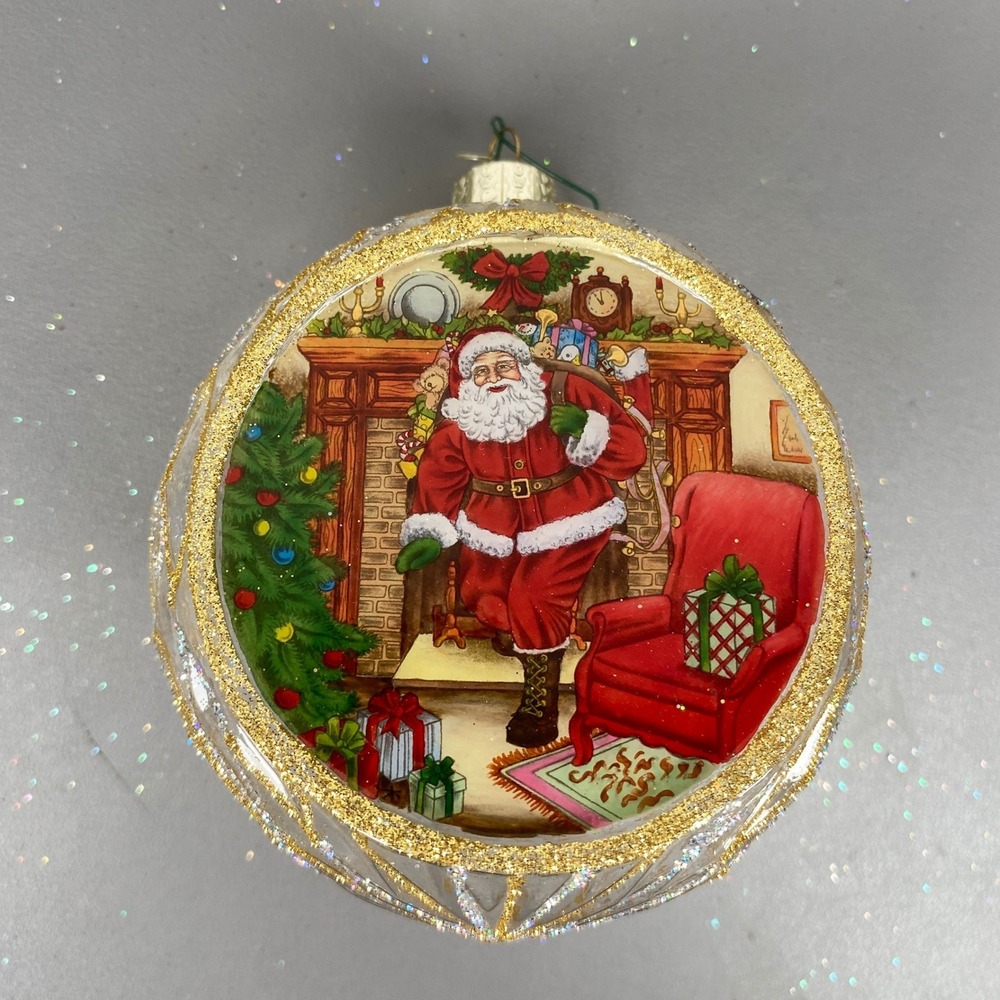 Old World Christmas Santa Claus Fireplace Glass Gold Ball Christmas Ornament 4"